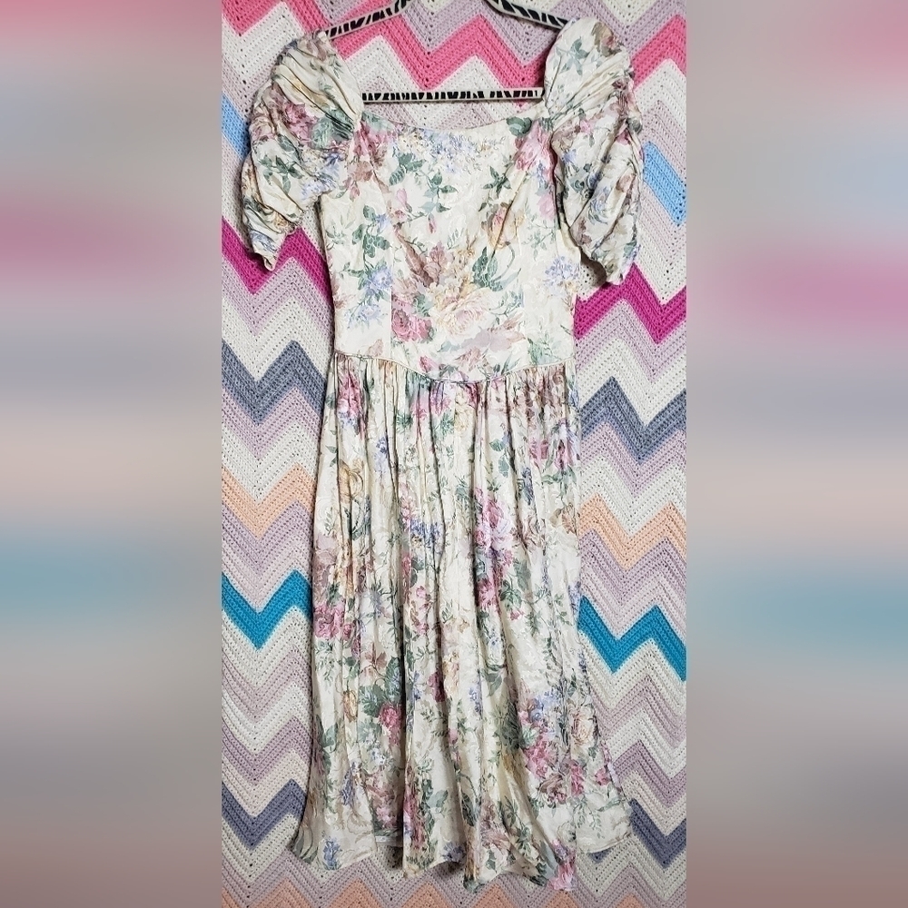 Vintage Floral Cottagecore Dress with rouched shoulders and hand beaded chest